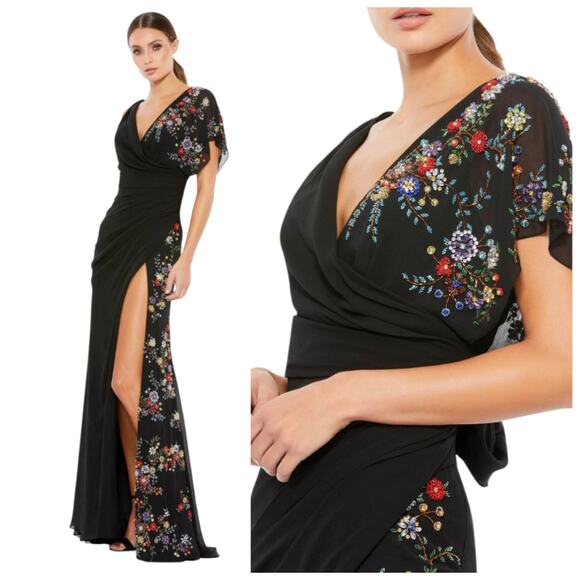 Ieena for Mac Duggal Dresses & Skirts - Mac Duggal Evening 26530 Beaded Floral Wrap 2 Gown Black Chiffon Embellished V